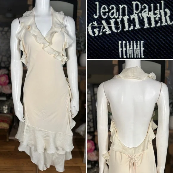Jean Paul Gaultier Cream Silk & Rayon Backless Ruffle Halter Wrap Dress, Sz L - Picture 1 of 16